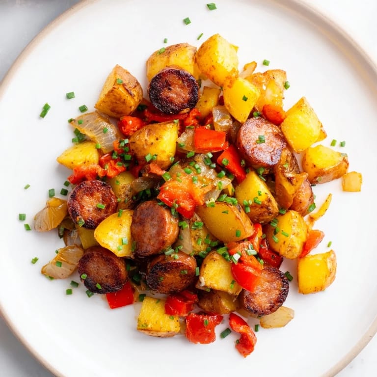 A close up shot of a hearty Breakfast Bratwurst Hash with chunks of potatoes and bell peppers.