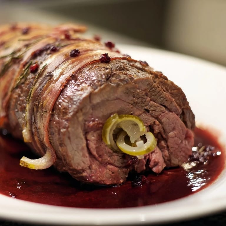 Tender beef roulades, slowly braised in rich sauce, topped with goji berries, a hearty meal.