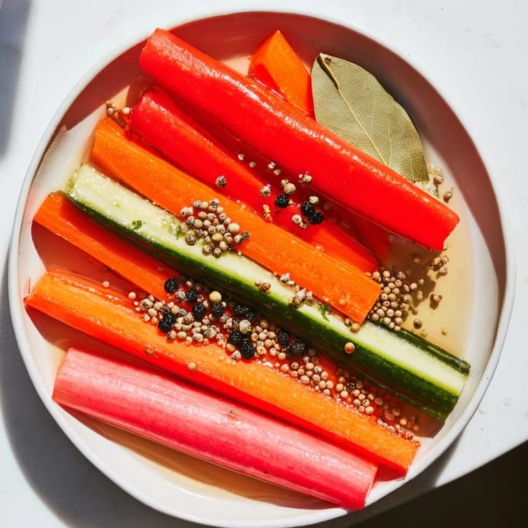 Close-up of freshly made Quick Pickled Veggie Sticks, featuring carrots, cucumbers, and peppers.