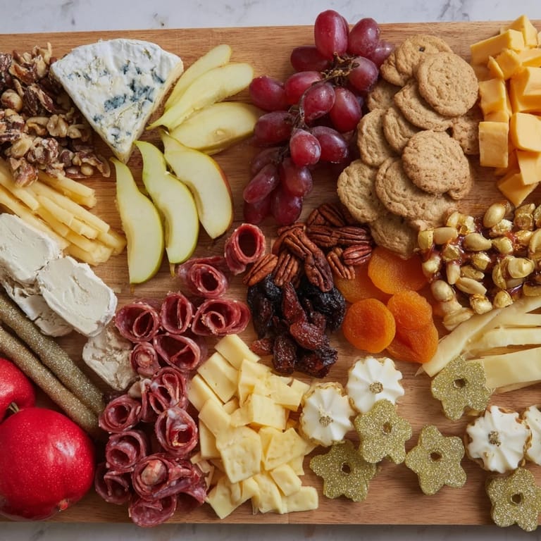 This Shining Bright Christmas 2025 Board boasts an array of gourmet cheeses, fruits, and crackers perfect for sharing.
