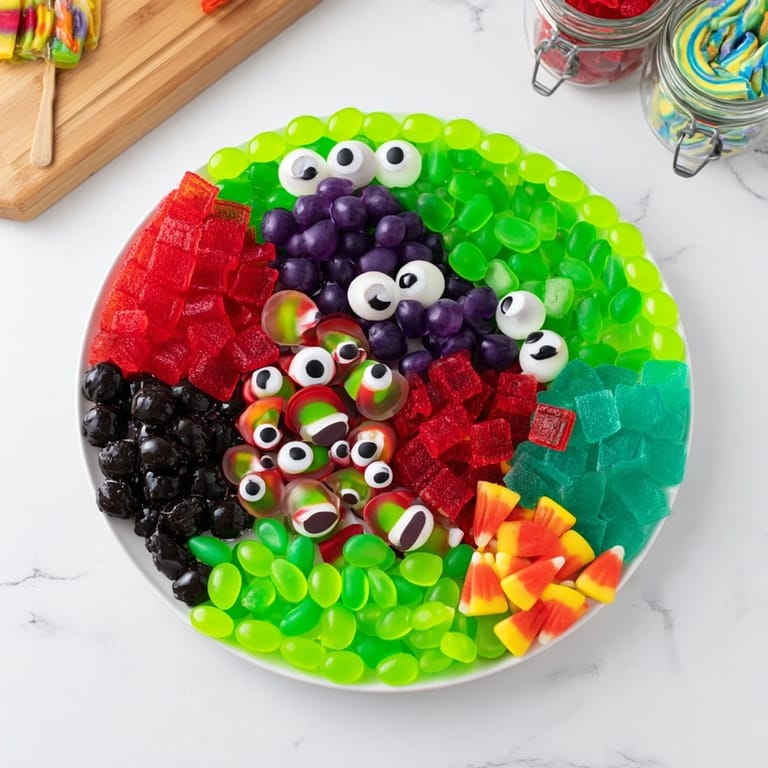This Poison Apple Candy Platter features vibrant apple candies and poisonous purple treats arranged artfully.