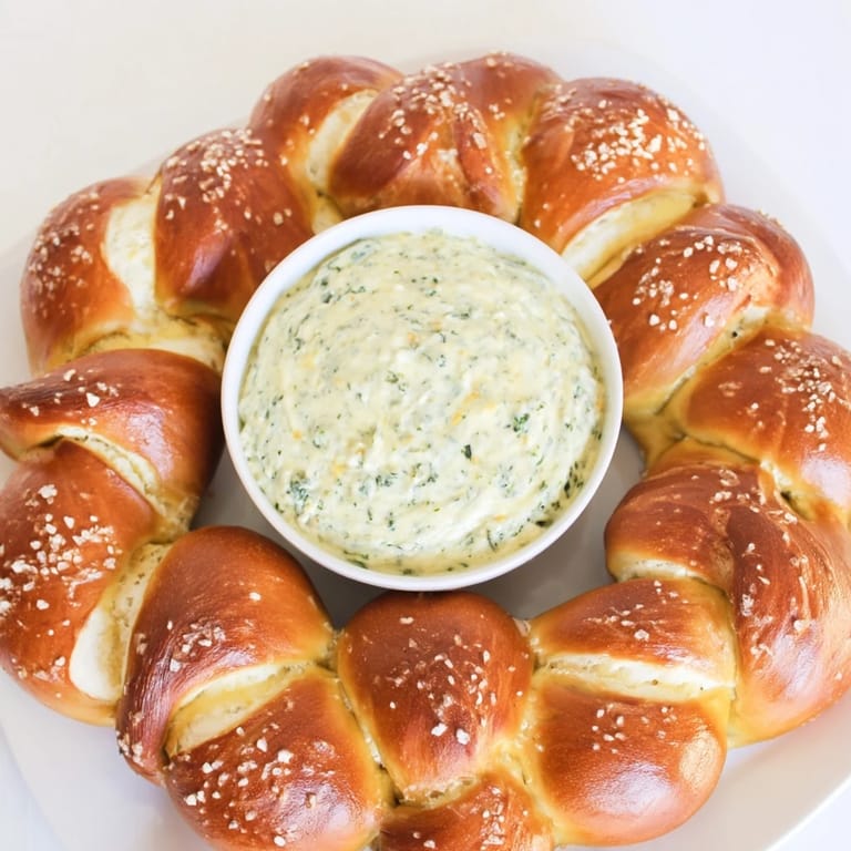 Warm pretzel wreath dip ring with bubbly cheese dip, ready for a delicious appetizer.
