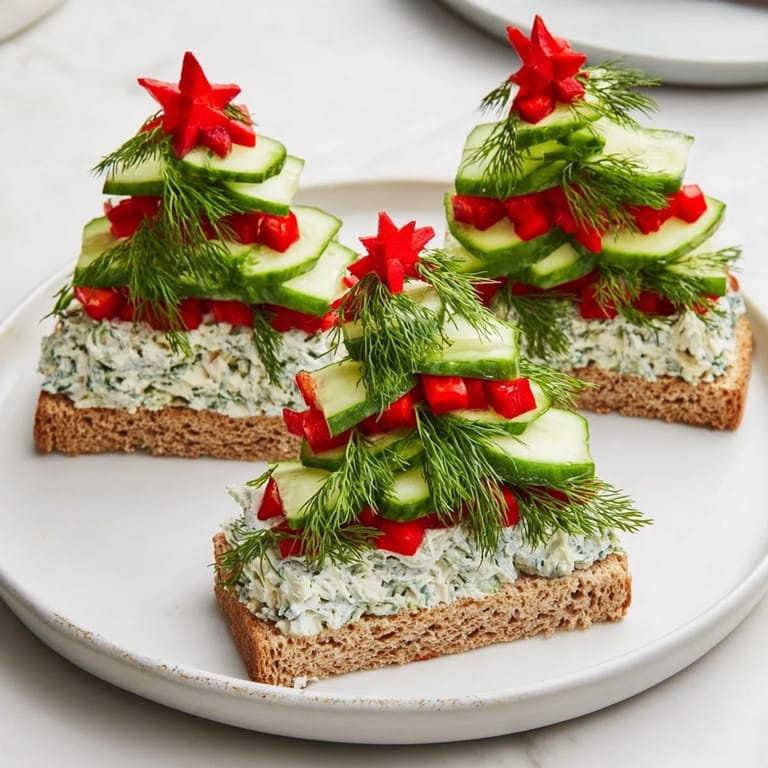Festive cucumber and cream cheese tree stacks, arranged with red bell pepper "ornaments."