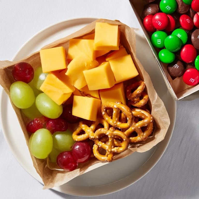 Stacked Christmas Gift Snack Tower with colorful treats; a party-ready holiday appetizer.