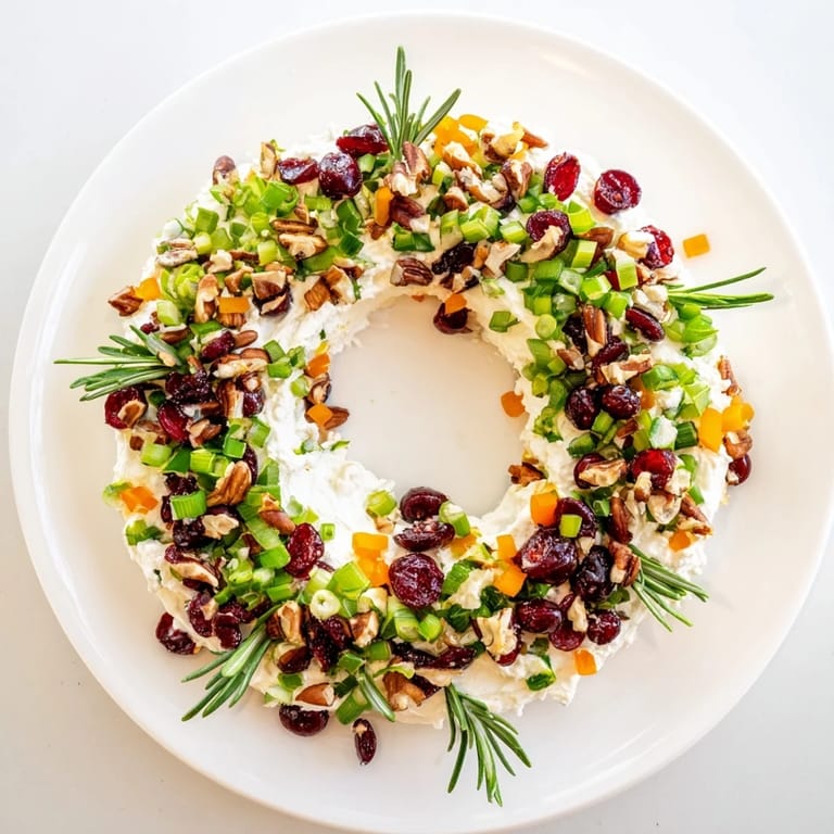 Bright red cranberry topping on feta cheese wreath dip; perfect for a holiday gathering with crackers.