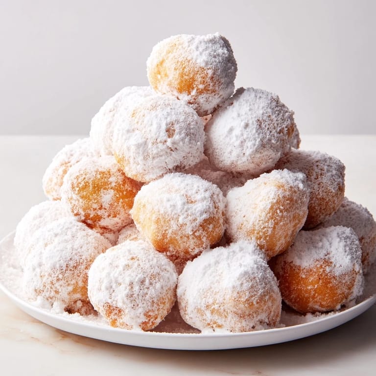 A close-up of a powdered donut holes mountain, ideal for sharing with chocolate and fruit dips.