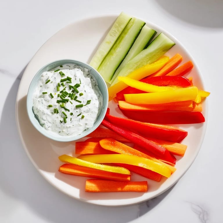 Freshly made Kids Dip: a vibrant shot of cream cheese and ranch dip with veggie sticks ready to eat.