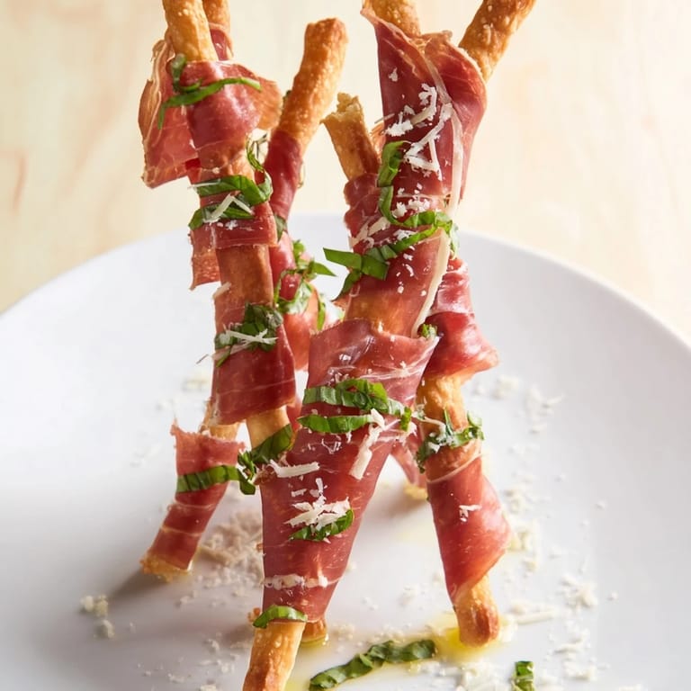 Appetitliche Golden Gate Vorspeise mit zarten Prosciutto-Bändern, die zwischen Brotstangen wie eine Brücke drapiert sind.