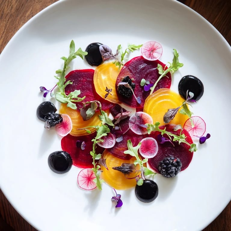 Artfully arranged The Shadow Play with black tahini and microgreens, ready to serve.