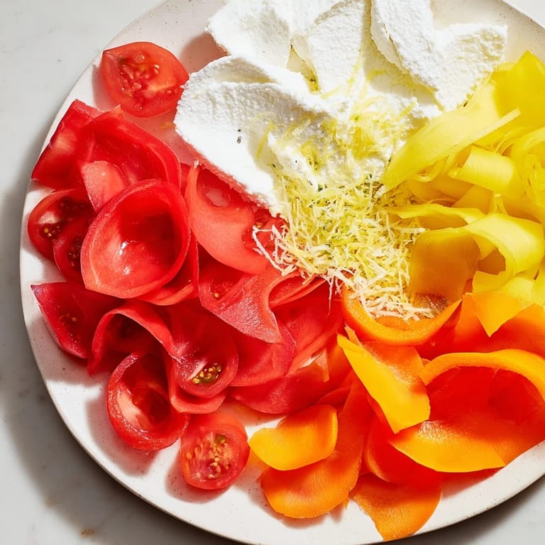 This The Prism Burst salad shows a beautiful fan of fresh vegetables and fruits, ready to enjoy.