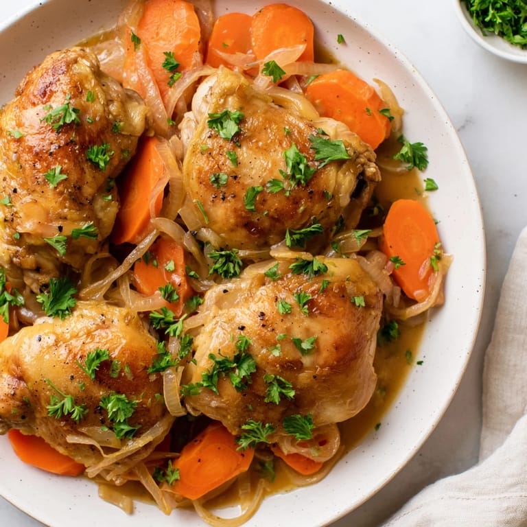 Close-up of a flavorful Georgia Pot Roast Chicken, featuring juicy chicken and delicious sauce.