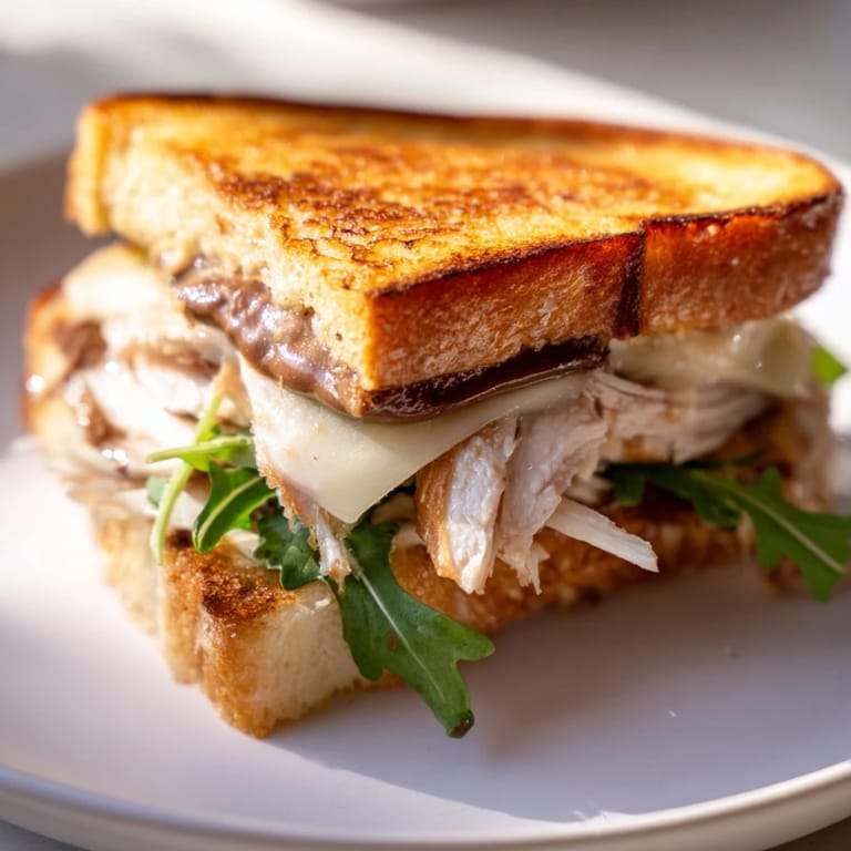 Melted brie and chicken beautifully layered inside a rich Nutella grilled cheese sandwich, a savory delight.