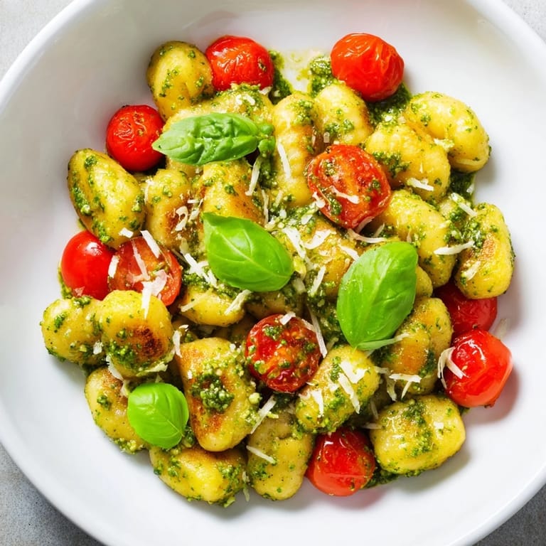 Vibrant plate of Crispy Gnocchi with Pesto featuring cherry tomatoes and grated Parmesan, delicious vegetarian dish.