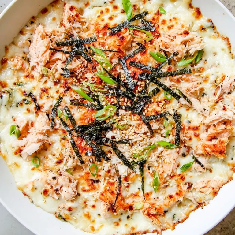 Close-up of a warm Creamy Salmon Sushi Bake, showing the creamy salmon filling and nori strips.