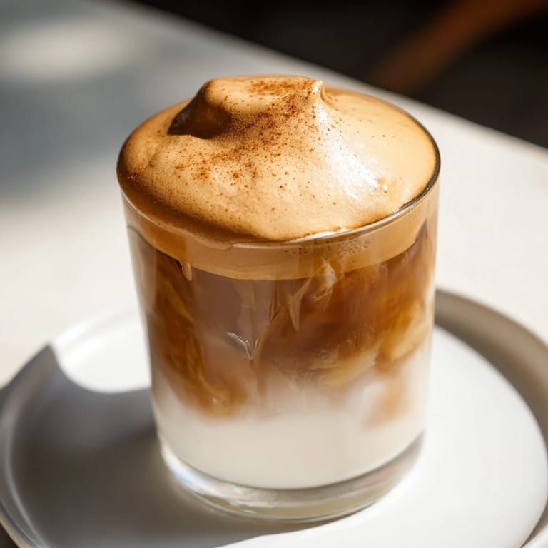 Beautiful swirls of whipped coffee atop a refreshing Brown Sugar Dalgona Latte with milk.