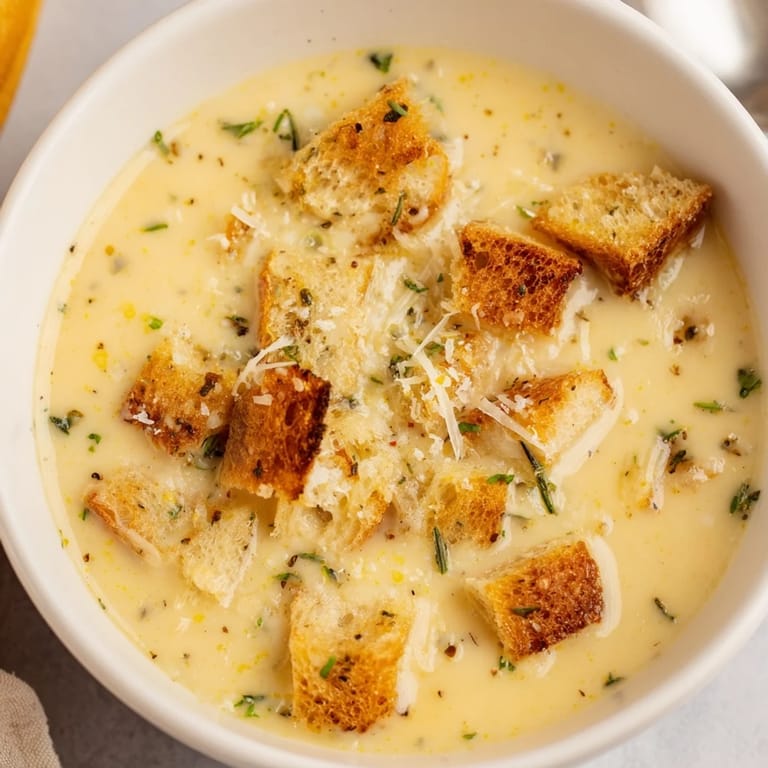 Velvety smooth Creamy Garlic Bread Soup, perfect for a cozy dinner paired with crusty bread.
