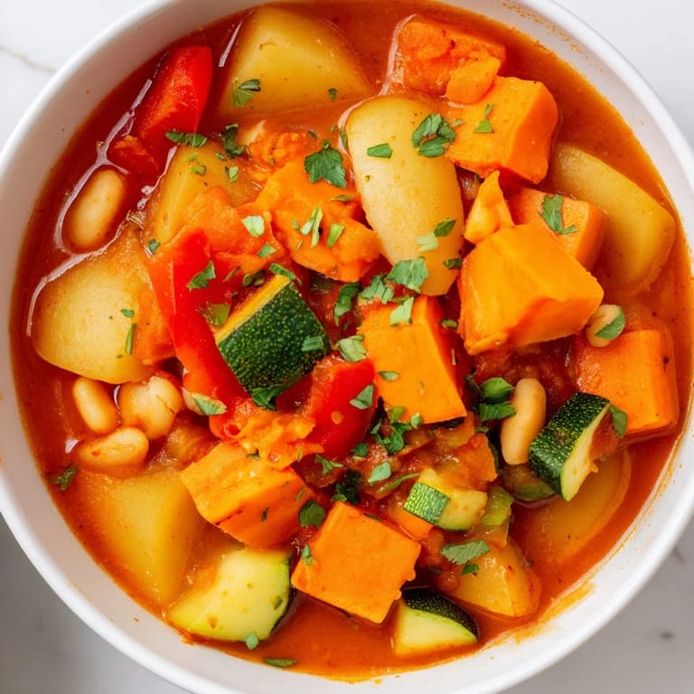 Warm, flavorful Hearty Vegan Sweet Potato Stew simmers in a pot, with rustic vegetables ready to serve.