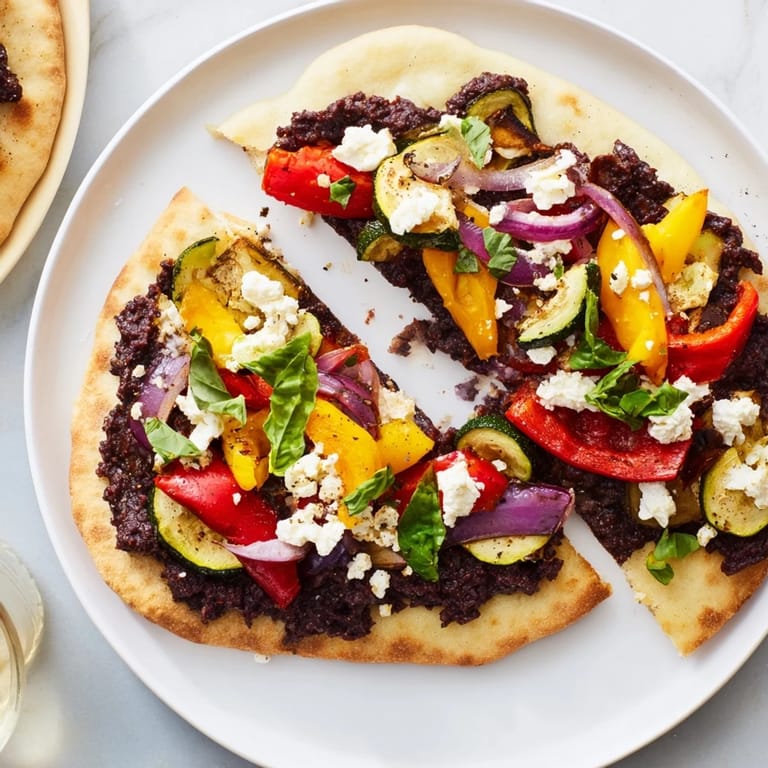 Golden, bubbly naan bread pizza topped generously with feta, olive tapenade, and roasted veggies.