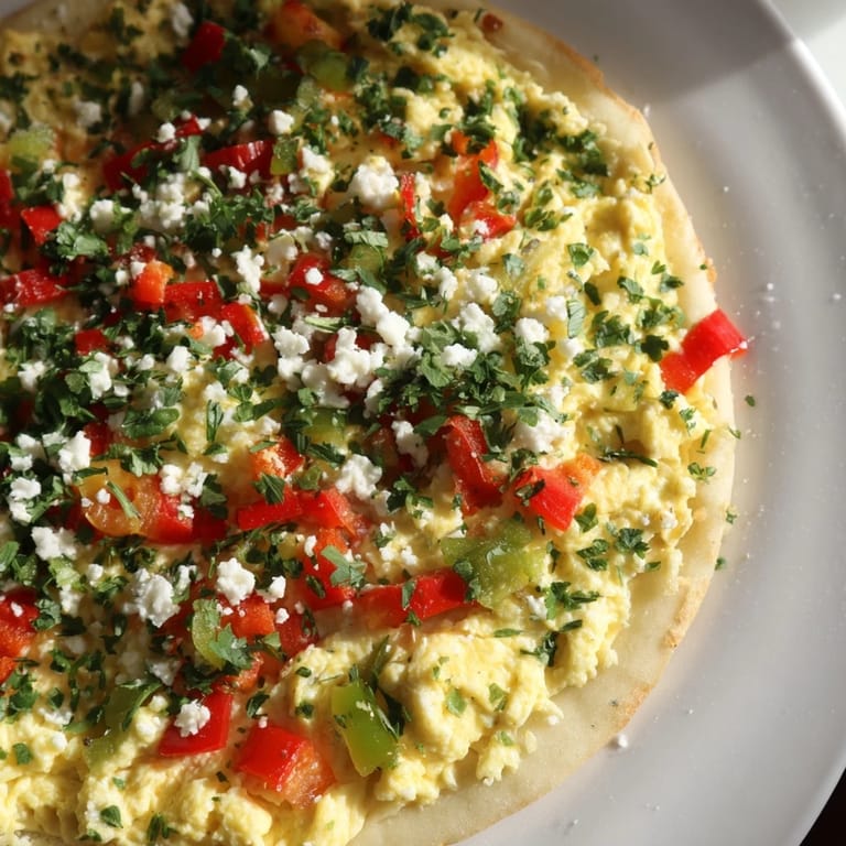 Golden crust supports a vibrant menemen topping, creating an inviting Turkish Eggs Pizza ready to enjoy.