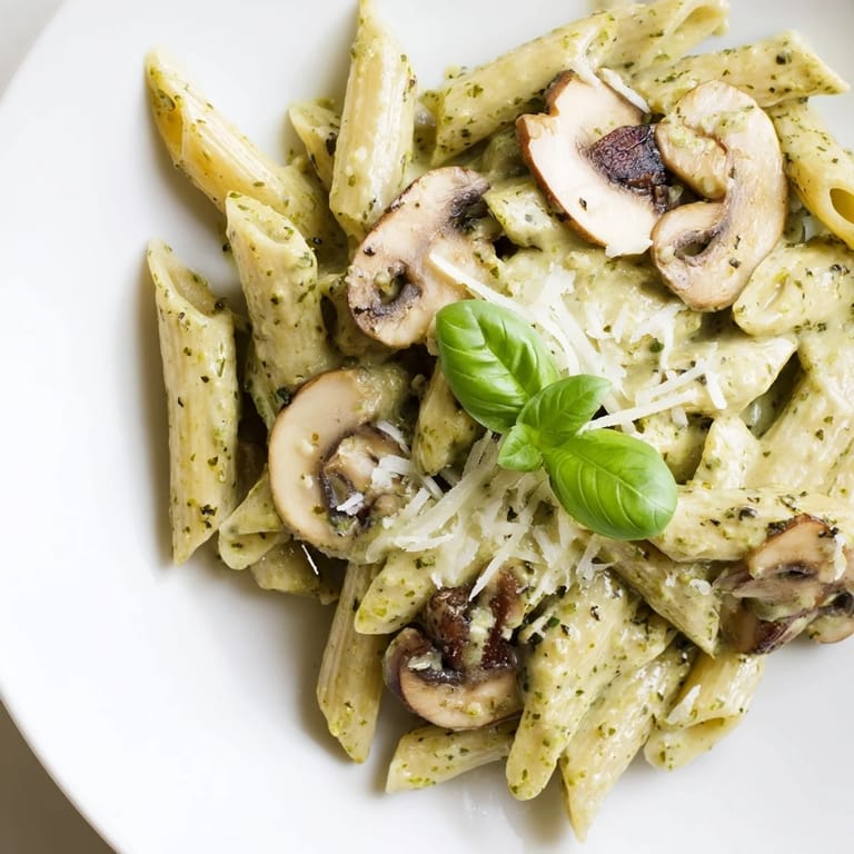Abendessen Mushroom Pesto Pasta mit goldbraunen Pilzen in einer sahnigen Basilikum-Sauce.