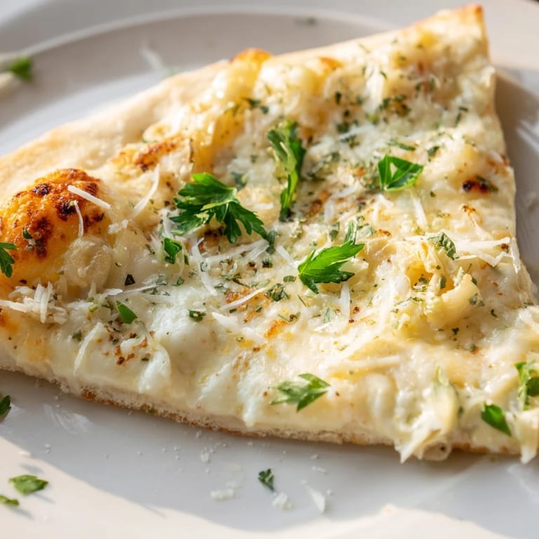Eine Scheibe heißer Creamy Garlic White Pizza mit cremiger Knoblauch-Sahne-Soße und Petersilie.