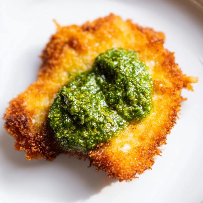 Saftige Crispy Pesto Chicken Cutlets im Skillet gebraten, goldbraun und aromatisch, serviert mit knusprigen Krümeln und einer feurigen Pesto-Note.