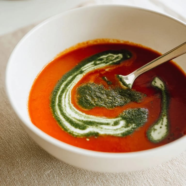 Creamy Tomato Soup with Basil Pesto Swirl ladled into a white bowl, steam rising and pesto swirling.
