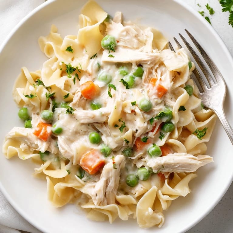 Einfache Spring Chicken Noodle Skillet mit duftenden Karotten, Erbsen und würzigem Parmesan, perfekt für familienfreundliche Mahlzeiten.