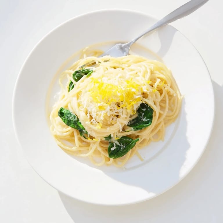 Cremige Zitrone Spinat Spaghetti portioniert auf Teller mit Gabel, begleitet von frisch geriebenem Parmesan und Zitronenschale.