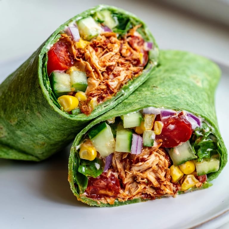 Frisch gewrappte BBQ Chicken Salad Wrap auf einem holzernen Teller, umgeben von Cherrytomaten und Mais für ein authentisches amerikanisches Gericht.