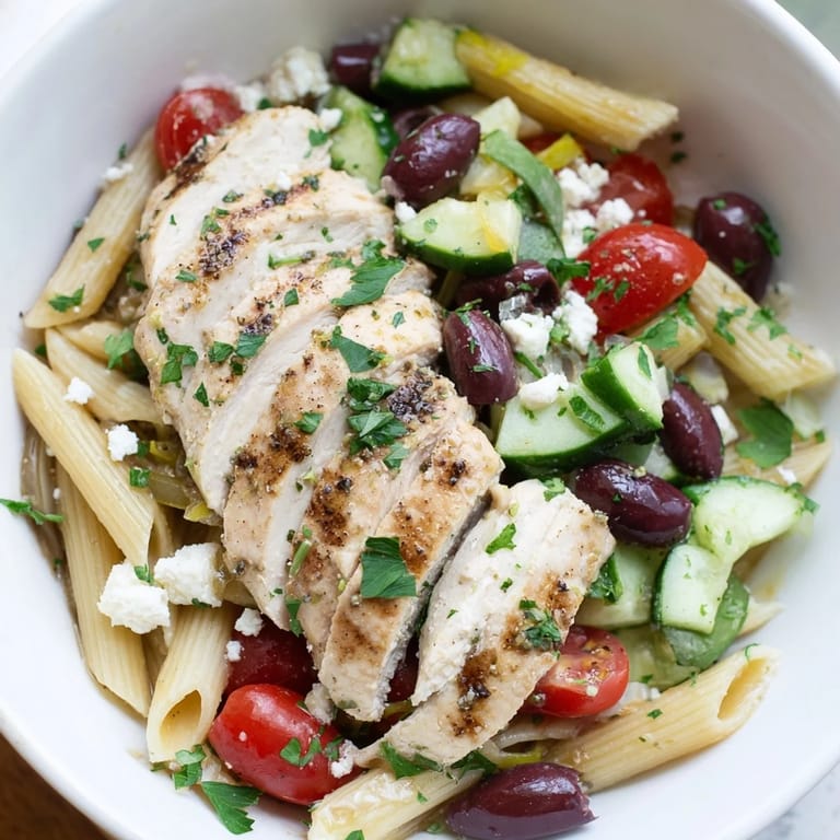 Bright Mediterranean pasta bowl features crisp cucumbers, tender chicken, and briny olives tossed in dressing.