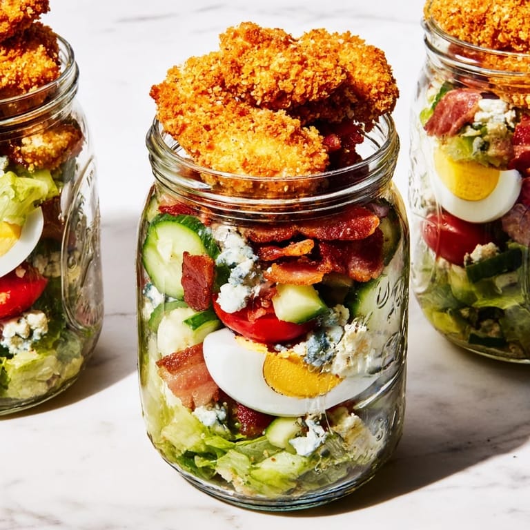 A vibrant Crispy Chicken Cobb Jar Salad layered with creamy blue cheese, diced cucumber, and golden baked chicken pieces for lunch.
