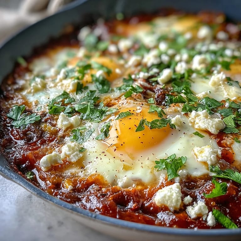 Farbenfrohe Shakshuka-Pfanne, perfekt zum Brunch mit perfekt gegarten Eiern und Kräutern.