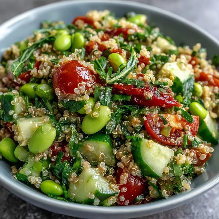 Healthy Edamame and Quinoa Salad served chilled on a wooden table, perfect for a nutritious lunch or a protein-rich side dish.