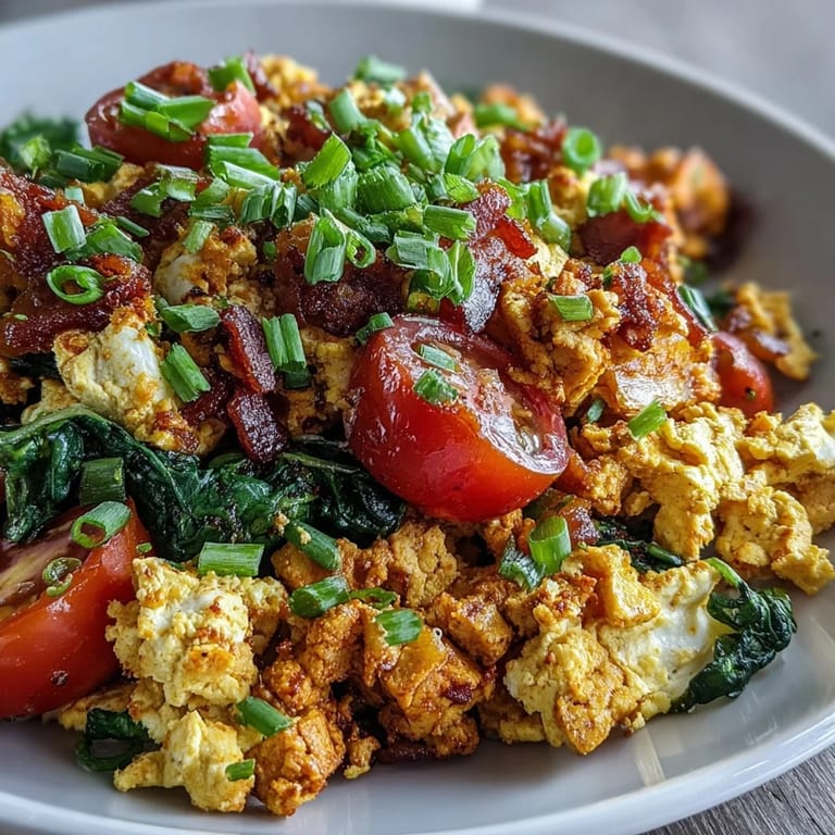Farbenfroher Tofu-Scramble, perfekt als proteinreiches, gesundes Frühstück oder Brunch.