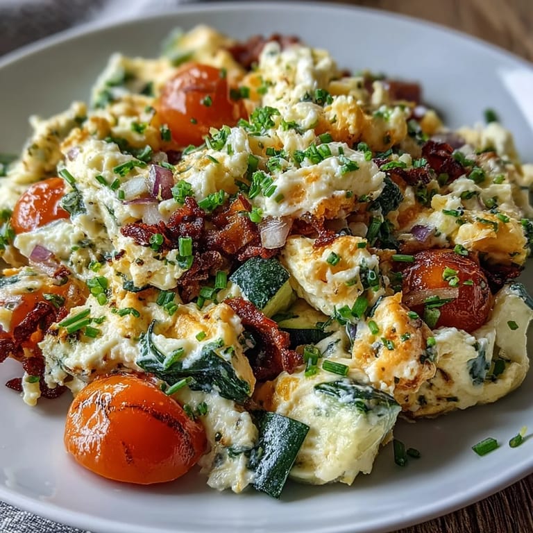 Colorful Egg and Vegetable Scramble with tomatoes, onions, and herbs, served with toast.