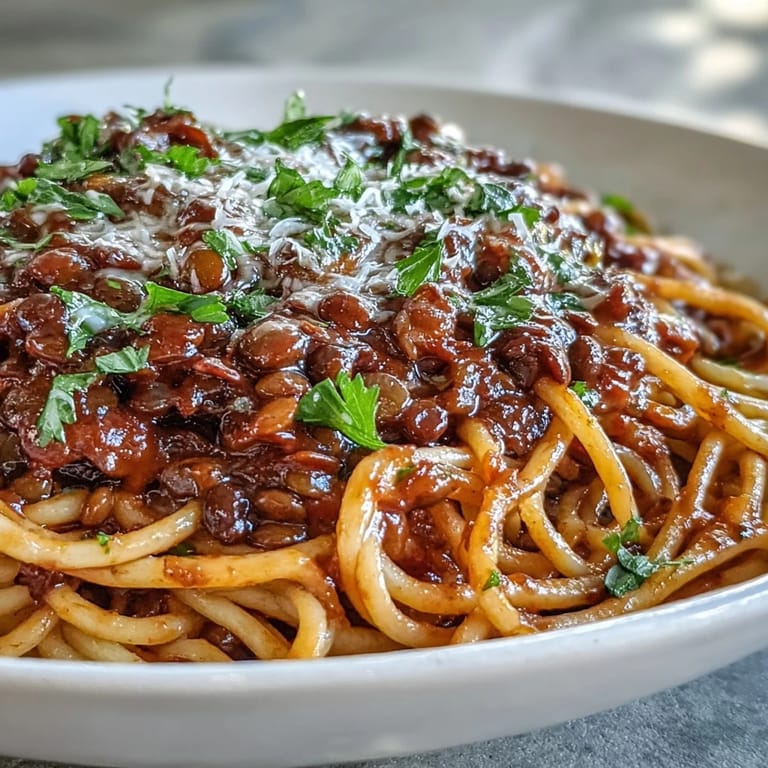 Würzige Linsen-Bolognese, ein vegetarisches Hauptgericht, das sättigt.