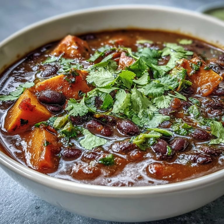 Vibrant Sweet Potato and Black Bean Soup served with tortilla chips for dipping.