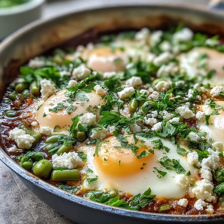 Rührei in scharfer Tomatensauce: Pea and Broad Bean Shakshuka mit Ziegenkäse und flüssigem Eigelb