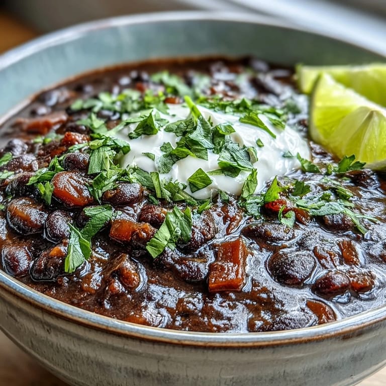 Hearty Black Bean Soup in a ladle, showing creamy texture, with diced red onion garnish.