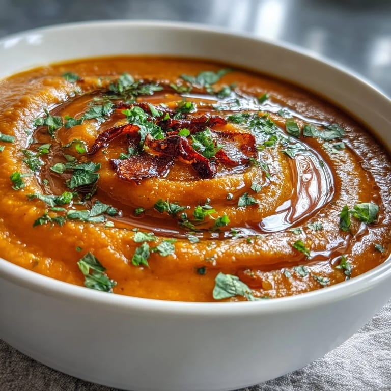 Eine dampfende Schüssel geröstetes Gemüsesuppe mit goldbraunen karotten und süßkartoffeln