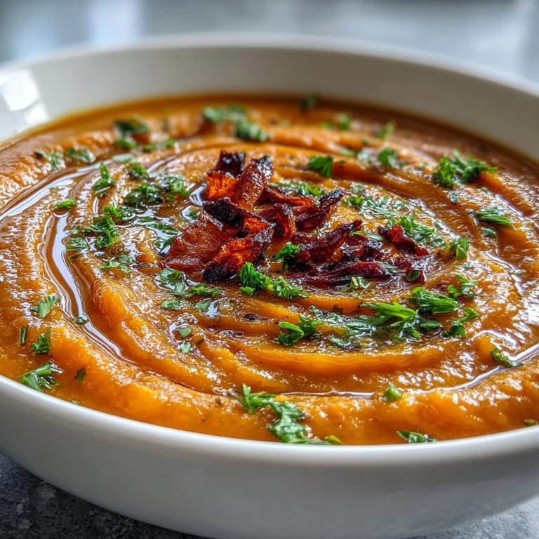 Heiße geröstetes Gemüsesuppe garniert mit kürbiskernen und einem schuss olivenöl