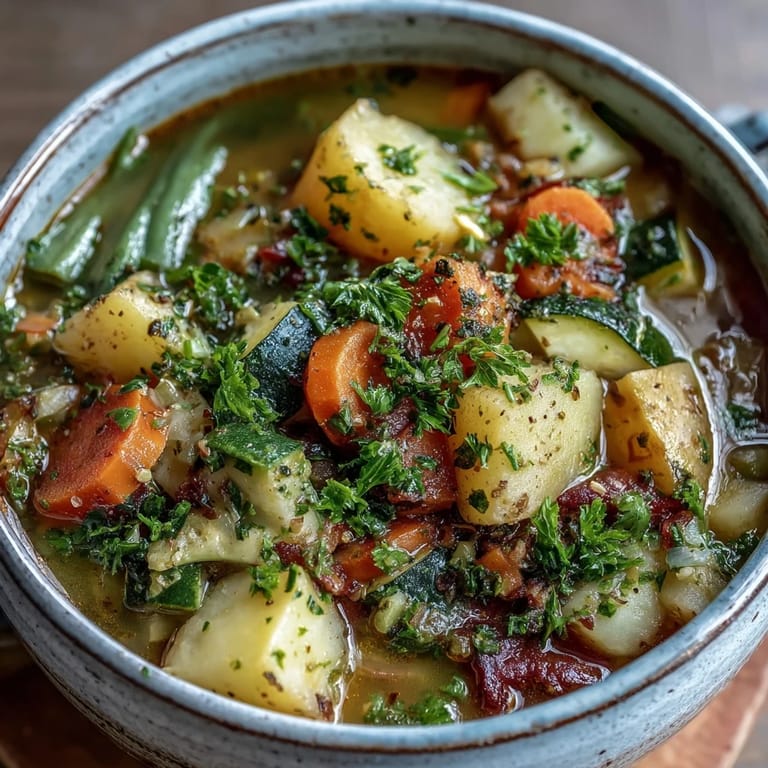 Geröstete Karotten und Kartoffeln in der Potato and Vegetable Soup, serviert in einer Tellerschüssel mit Löffel bereit.
