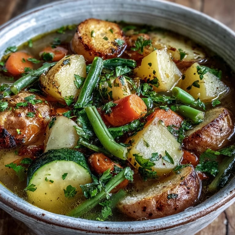 Würzige Potato and Vegetable Soup mit grünen Bohnen und Erbsen, angerichtet in einer rustikalen Schüssel für Abendessen.