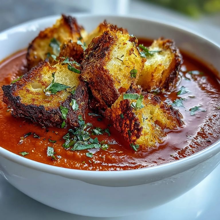 Luftige, rote Paprikasuppe, perfekt garniert mit goldbraunen, knusprigen Croutons.