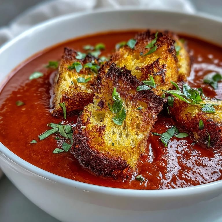 Genießen Sie cremige gefüllte Rote-Paprika-Suppe mit herzhaft knusprigen Croutons obendrauf.