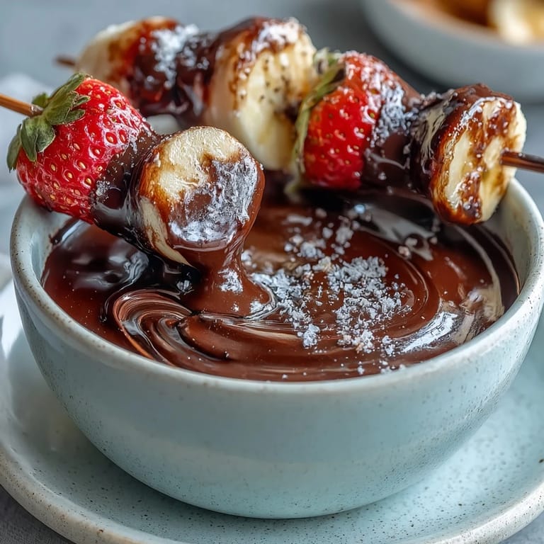 Gedämpfte Boozy Chocolate Fondue-Mischung duftet köstlich, umgeben von Mandarinen, Marshmallows und Bananen für süße Festtagsstunden.