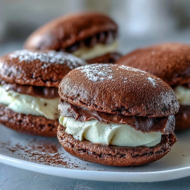 VierzehnWhoopiePies mit Kaffeemascarpone-Creme zwischen saftigen Schokoladen-Sandwiches für Dessert-Liebhaber.