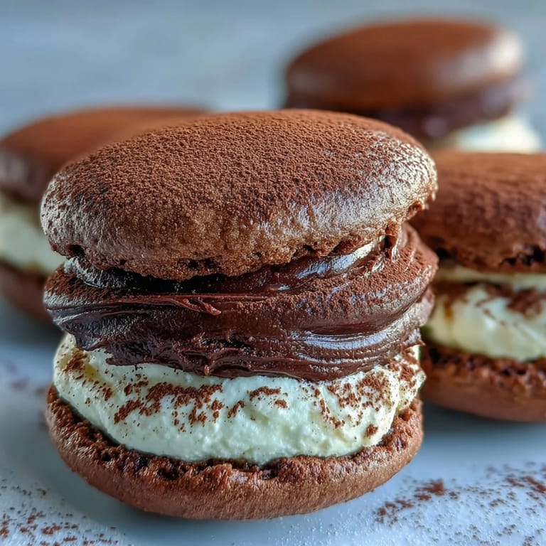 Die tiramisu-inspirierten whoopie pies zeigen cremige Mascarpone-Creme zwischen feuchten Schokokeksen.