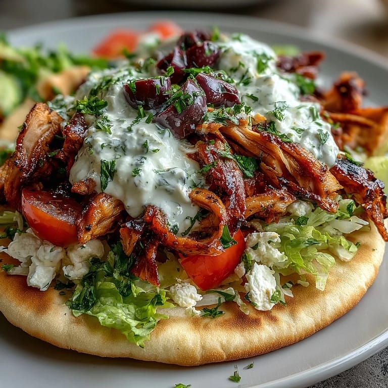 Sizzling marinated chicken thighs stacked on warm pita with cool, tangy feta tzatziki and crunchy veggies.